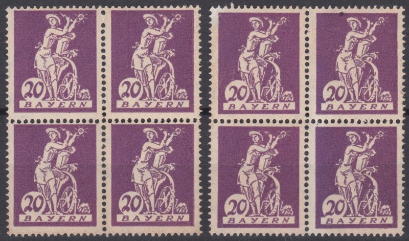 Bavaria 1920 Sg260/b 20pf violet  Types 1 & 2 LM//MHN Blocks Of 4 Cv £70+