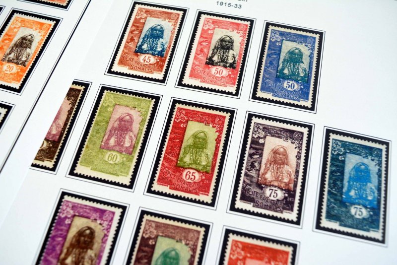 COLOR PRINTED SOMALI COAST 1894-1966 STAMP ALBUM PAGES (40 illustrated pages)