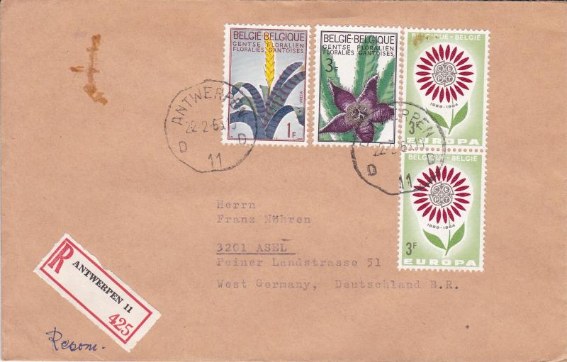 Belgium 1964 3f Europa on Registered Cover to West Germany. Colorful Usage VF