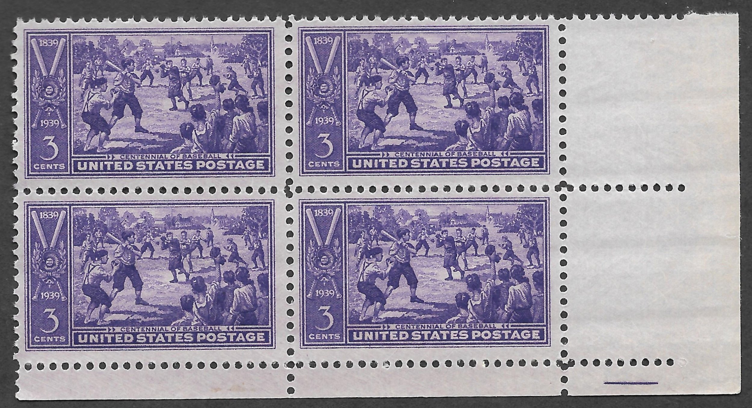 1939 MNH Baseball Centennial 3c Block of 4 Stamps United States