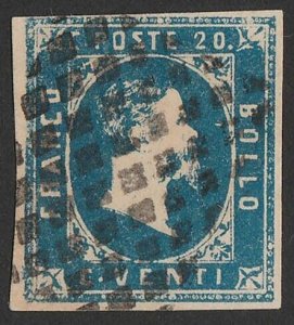 ITALY - SARDINIA 1851 King 20c blue. Sass 2 cat €550.