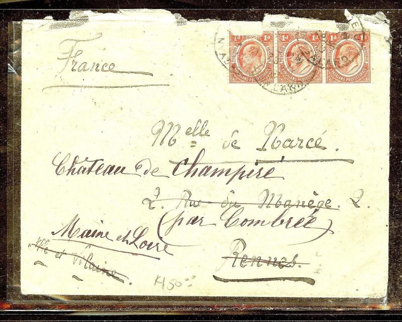 NYASALAND (P1210B) KE 1D STRIP OF 3 1910  COVER TO FRANCE