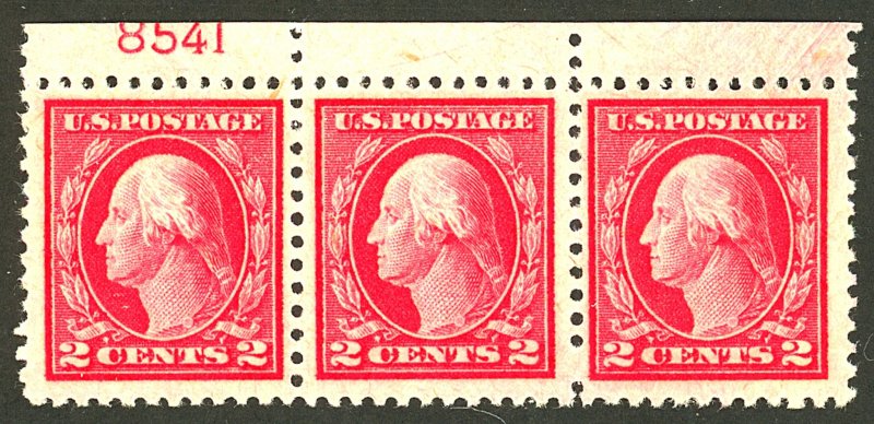 U.S. #499 MINT PL# STRIP OF 3 OG NH