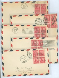US 690 1931 2c General Casimir Pulaski (blocks of four) on four addressed FDC (uncacheted) with five offical city cancels - Chic