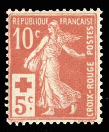 France, 1900-1950 #B2 Cat$32.50, 1914 10c+5c red. hinged