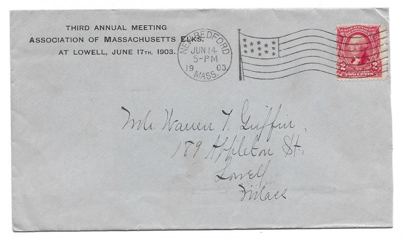 New Bedford to Lowell, Massachusetts 1903 Cover, Scott 301, Elks Corner Card