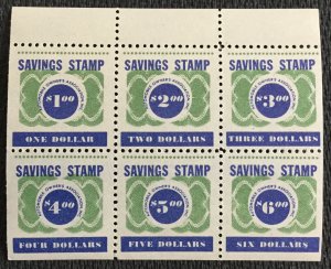 MNH block of 6 ($1-$6) Savings Stamp Automobile Owners Assn L28