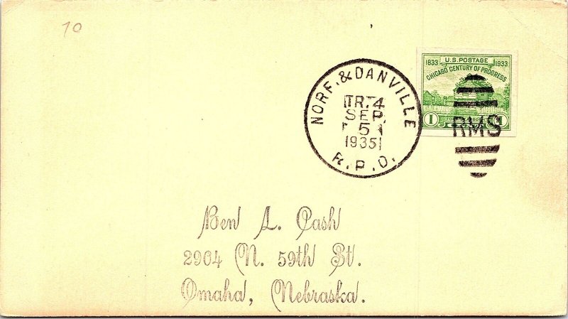 1935 Norf. & Danville R.P.O. Railway Post Office on Card #169