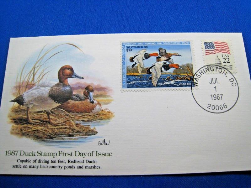 U.S. DUCK STAMP FIRST DAY COVER - 1987 -  REDHEAD DUCKS - SCOTT #RW54    (FG 7)