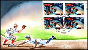 Scott 2619 29 Cents Baseball Glad Hand Painted FDC Plate Block 31 Of 100