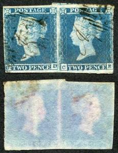 1841 2d Blue (CD/CE) Pair Plate 3 with Manuscript CE Re-entry