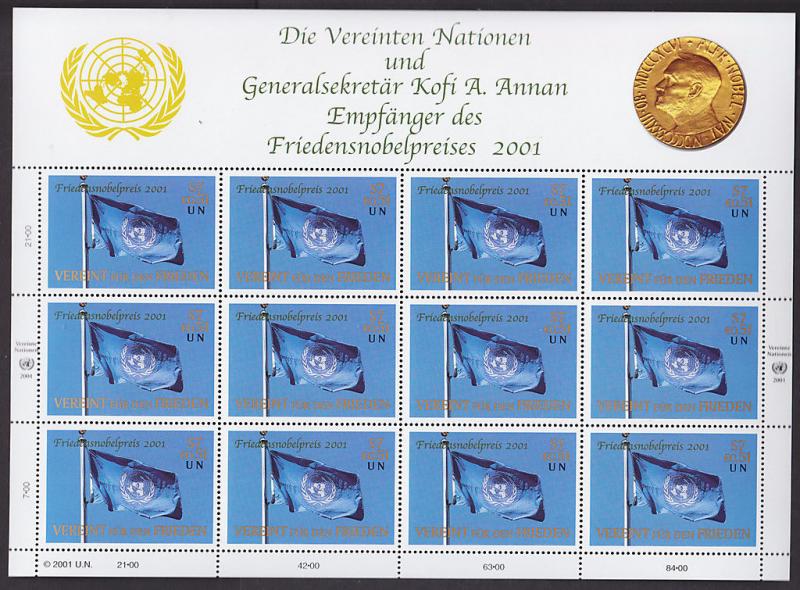 UN, MNH. 2001 Nobel Peace Prize, 3 Full Panes for NY, Geneva & Vienna Offices