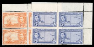 Cayman Islands #114-115 Cat$21, 1947 2 1/2p and 3p, corner margin blocks of f...