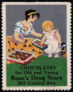 1915 US Poster Stamp Chocolates For Old And Young Rose’s Drug Store 303 Central