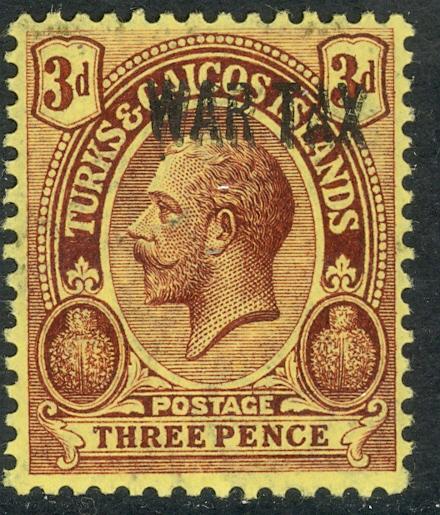 TURKS AND CAICOS ISLANDS 1918-19 KGV 3d WAR TAX STAMP DOUBLE OVERPRINT Sc MR4a