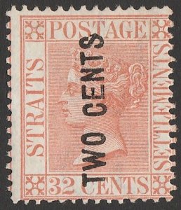 STRAITS SETTLEMENTS 1883 'TWO CENTS' on QV 32c. type 20f. cat £1500. Certificate