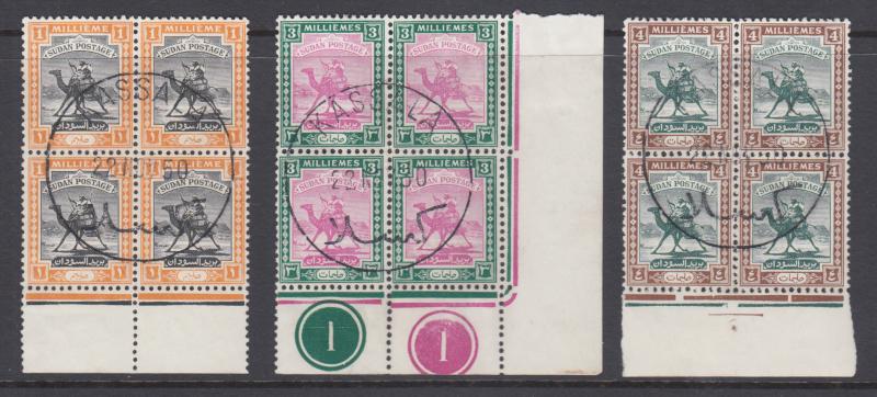 Sudan Sc 79, 81, 82 used. 1948 Camel Post Riders, used sheet margin blocks of 4