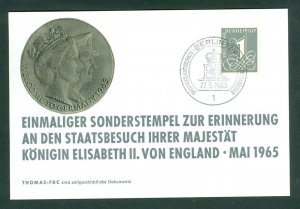 Germany Berlin. 1965. Card Spc. Cancel: Berlin. Queen Elizabeth Visit. Sc# 737