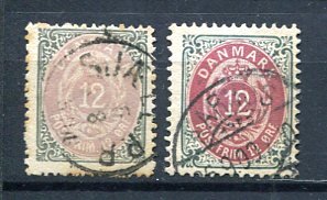 Denmark 1875 Sc 29 2 stamps Used 8464