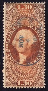 Scott R77c, $1.30 Foreign Exchange, Blue Handstamp, Lt Oxidation, Pulled Perf