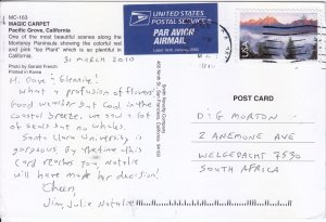 US,2010 Postcard to South Africa