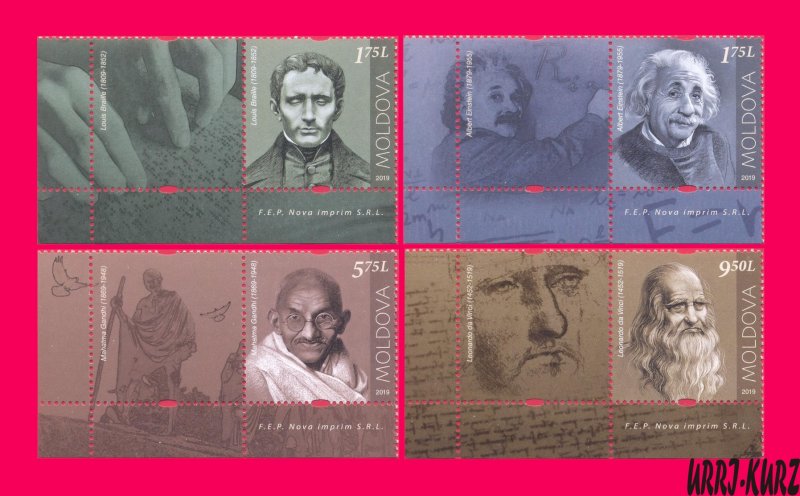 MOLDOVA 2019 Famous People Braille Einstein Gandhi Da Vinci 4v+4 label Mi1119-22