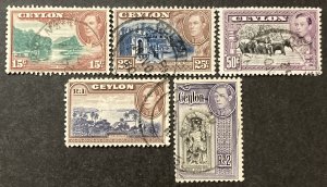 Ceylon 1938-46 #282,84,86-7,95, Various Designs, Used, CV $5.80