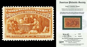 Scott 239 1893 30c Columbian Issue Mint Fine+ OG NH Cat $675 w/ APS CERTIFICATE!