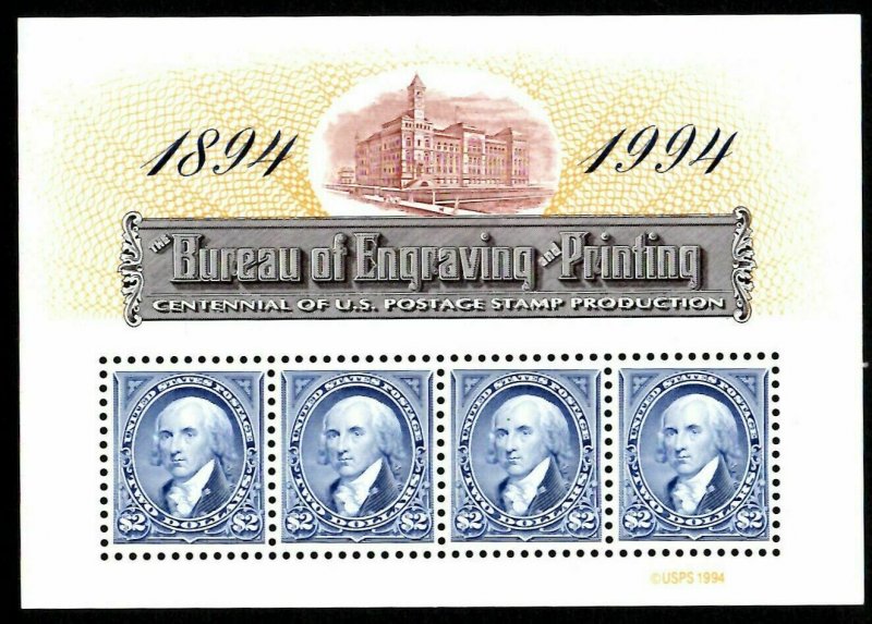 Bureau of Engraving And Printing - Sc# 2875  Souvenir Sheet  4 $2.00 Stamps MNH