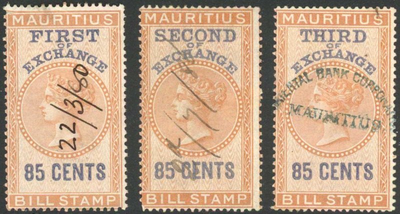 Mauritius BF28 85c Brown and Blue Bill of Exchange Stamps Set of 3 