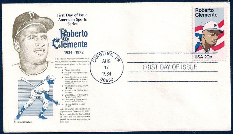 UNITED STATES FDC 20Â¢ Roberto Clemente 1984 Aristocrat