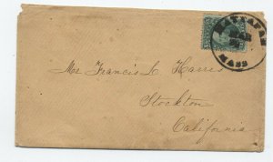 1850s #32 10 cent type 2 Mattapan MA to Stockton CA cover [5030]