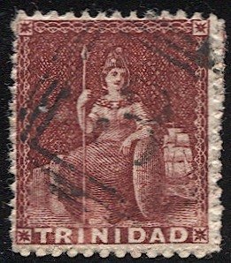 TRINIDAD 1863 Sc 45 1d lake, perf. 13  Used w/13 Numeral cancel (Diego-Martin)