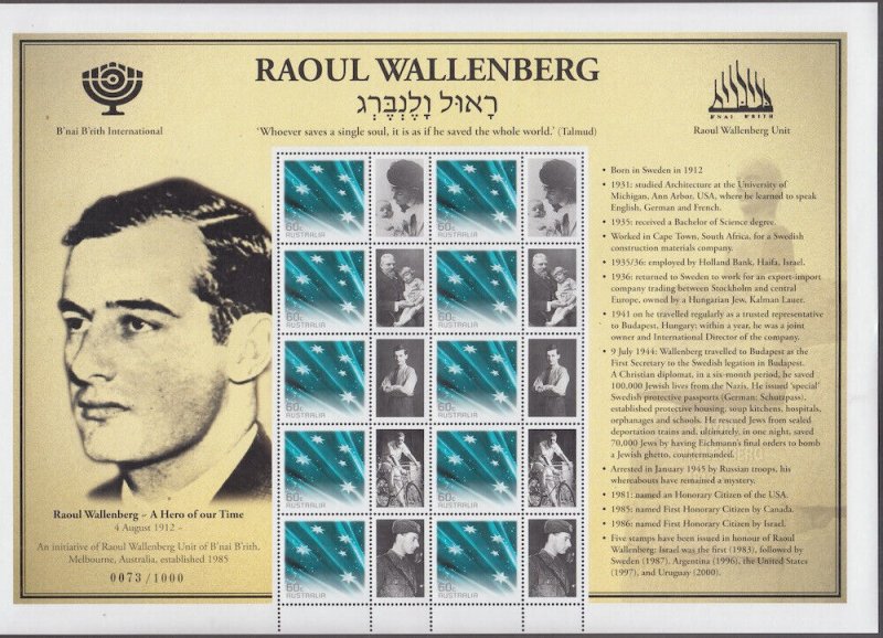 AUSTRALIA # AUS008 CPL MNH GENERIC SHEET of 10 HONOURING RAOUL WALLENBERG