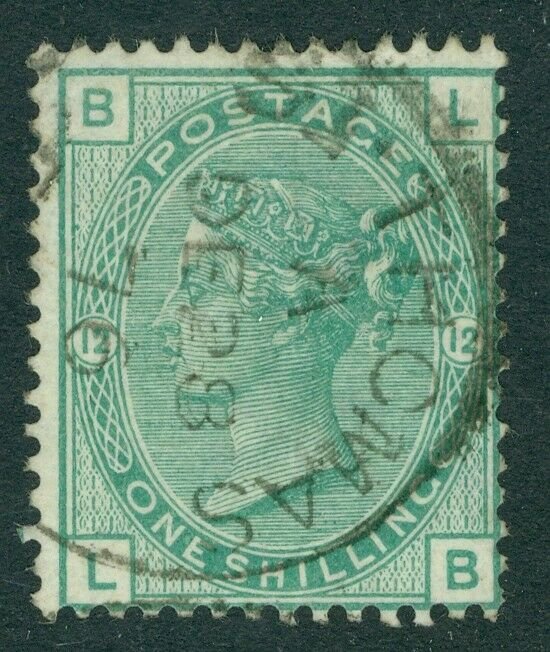 SG 150 1/- green plate 12. Used abroad. Cancelled with a St Thomas CDS, Dec...