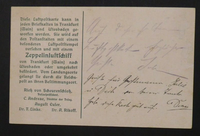 1912 Wiesbaden Germany Viktoria Louise Zeppelin Special Flight Postcard Cover