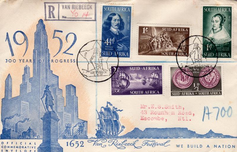 South Africa 1952 Postal History Van Riebeeck 1652-1952 Registered to Natal