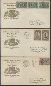 1939 #246-248 Set of 3 Royal Visit FDCs Ludwig Cachets Ottawa Machine Cancels