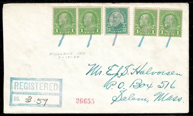 WCstamps: U.S. Loso #541 - 1930 Shamrock Fancy Cancel Reg. Cover, Highland, IN