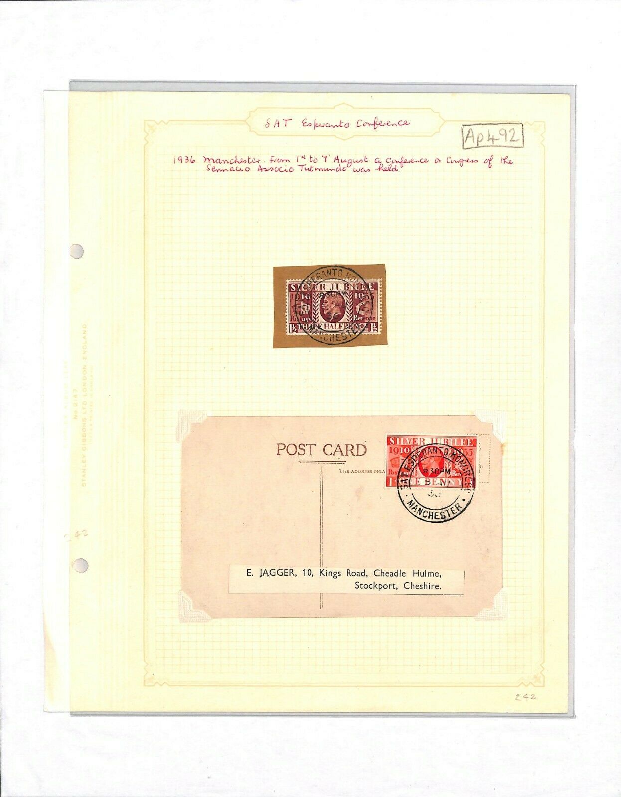 GB ESPERANTO CONFERENCE Manchester Silver Jubilee Issue Items {2} 1936  Ap492 | Great Britain, Stamp / HipStamp, image size:1246x1600