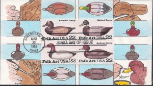 Lois Hamilton Hand Colored FDC for the 1985 Duck Decoys issue (Block of 4)