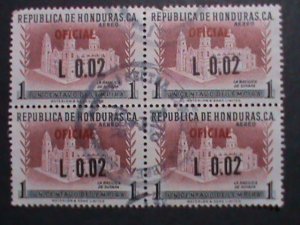 HONDURAS 1956-BASILICA OF SUYAPA-OVPT. SURCHARCH  USED BLOCK VF 66 YEARS OLD