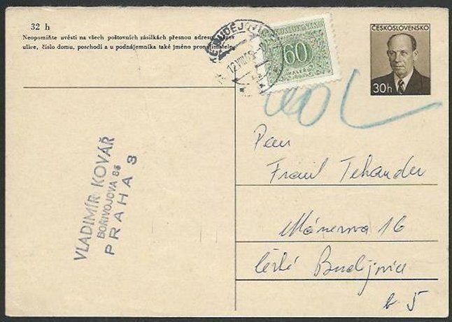 CZECHOSLOVAKIA 1965 30h postcard disallowed with 60h postage due...........61280