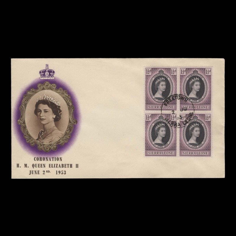 Sierra Leone 1953 (FDC) 1½d Coronation block, FREETOWN