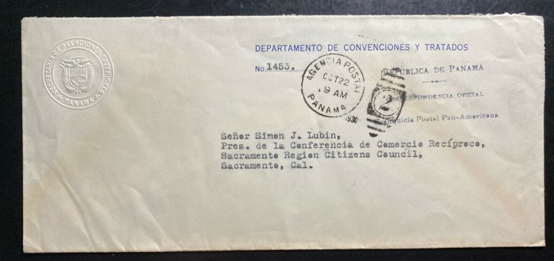 1930 Panama Treats & Conventions Official Cover to Sacramento CA USA 