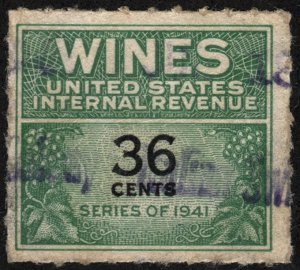 RE135 36¢ Wine Revenue Stamp (1942) Used