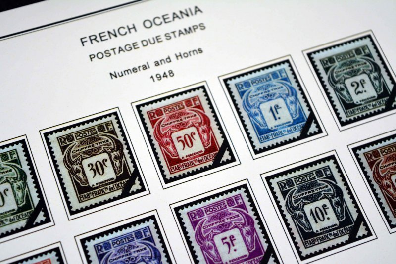 COLOR PRINTED FRENCH OCEANIA 1892-1956 STAMP ALBUM PAGES (27 illustrated pages)