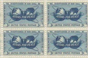 1955 Atoms for Peace Block of 4 3c Postage Stamps, Sc#1070, MNH, OG