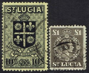 ST LUCIA 1938 KGVI ARMS 10/- AND £1 USED