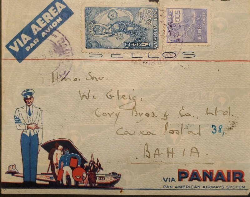 A) 1938, BRAZIL, PANAIR, FROM SAO PAULO TO BAHIA, AIRMAIL, COMMERCE STAMP